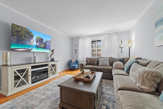 living room featuring ornamental molding, wood finished floors, and baseboards