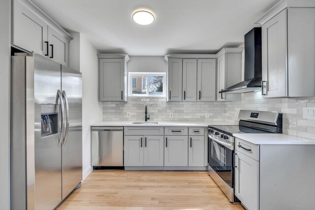 54 Ocean Ave, Hampton Bays, NY 11946 - kitchen with light countertops, light wood-style flooring, appliances with stainless steel finishes, a sink, and wall chimney exhaust hood