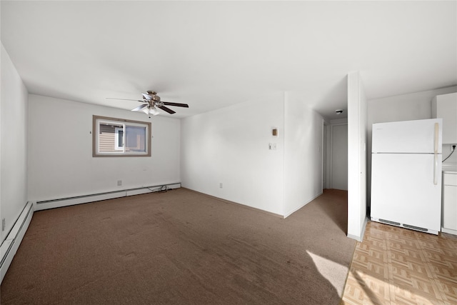 interior space featuring light carpet, baseboard heating, and a ceiling fan