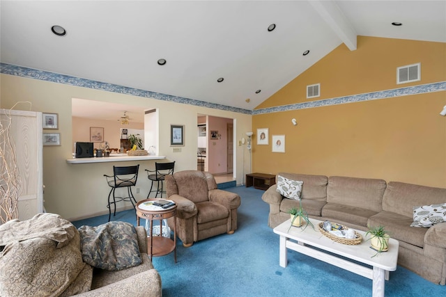 living area with carpet floors, visible vents, beamed ceiling, and high vaulted ceiling