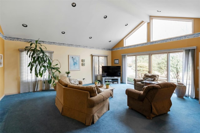 living area featuring high vaulted ceiling, carpet, beam ceiling, and recessed lighting