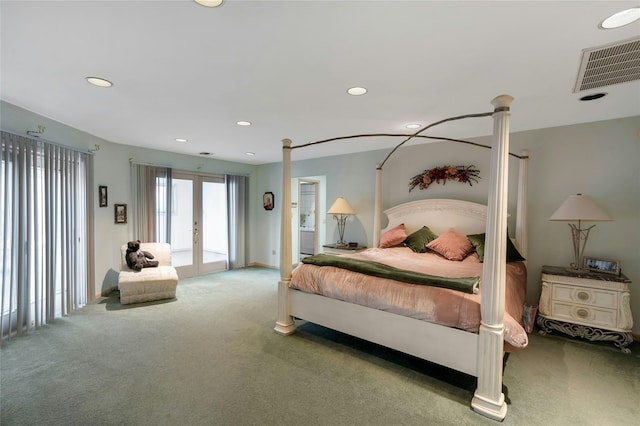 carpeted bedroom with access to exterior, recessed lighting, visible vents, and french doors