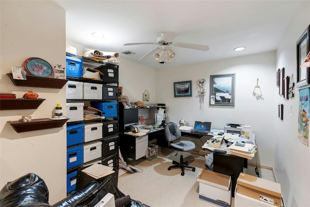 office area featuring carpet floors, ceiling fan, visible vents, and recessed lighting