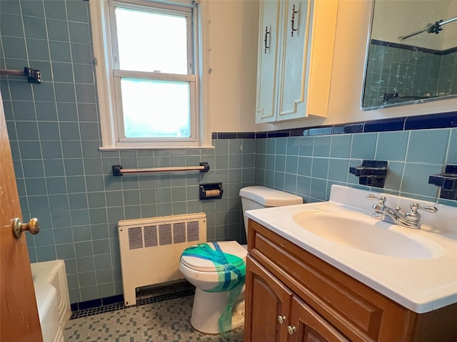 full bathroom featuring tile walls, a shower, a healthy amount of sunlight, and radiator heating unit