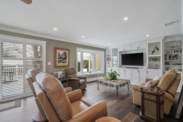 living room featuring ornamental molding, recessed lighting, visible vents, and dark wood finished floors