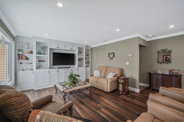 living area featuring dark wood-style floors, recessed lighting, crown molding, and baseboards