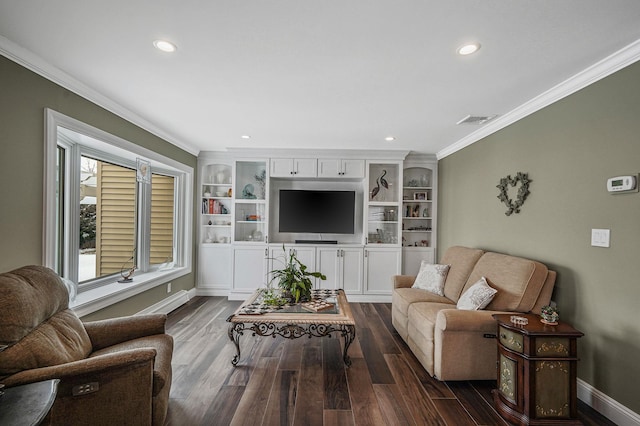 living room featuring baseboards, visible vents, dark wood-type flooring, and crown molding