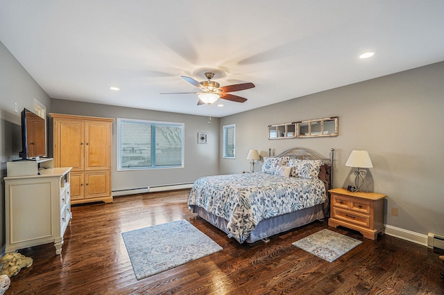 bedroom featuring recessed lighting, dark wood-style flooring, a ceiling fan, baseboards, and baseboard heating