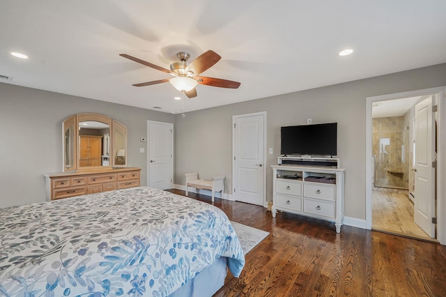 bedroom featuring dark wood-style floors, recessed lighting, visible vents, ceiling fan, and baseboards