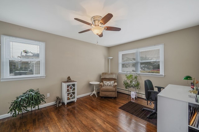 office with a healthy amount of sunlight, baseboards, baseboard heating, and dark wood-type flooring