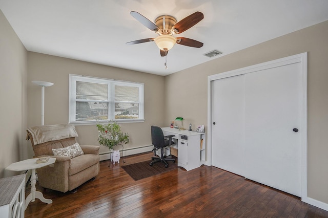 office space with a ceiling fan, a baseboard radiator, visible vents, and dark wood-type flooring