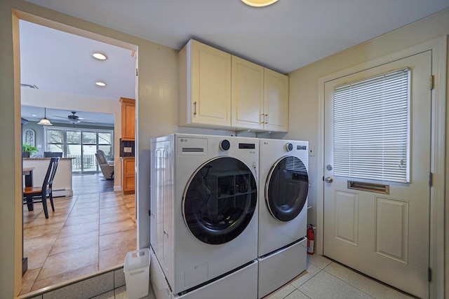 laundry room with cabinet space, light tile patterned floors, washer and clothes dryer, ceiling fan, and recessed lighting