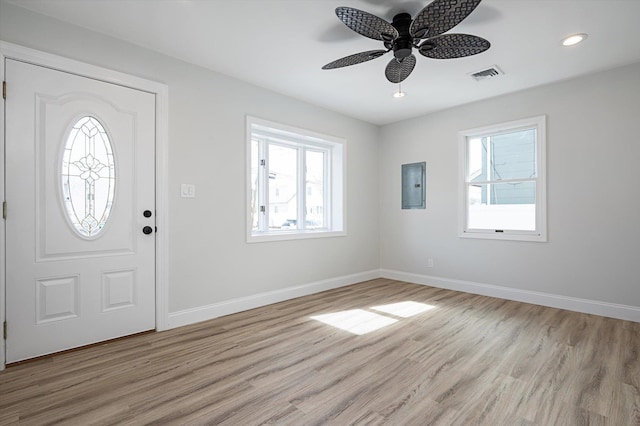 entryway with light wood-style floors, baseboards, electric panel, and visible vents