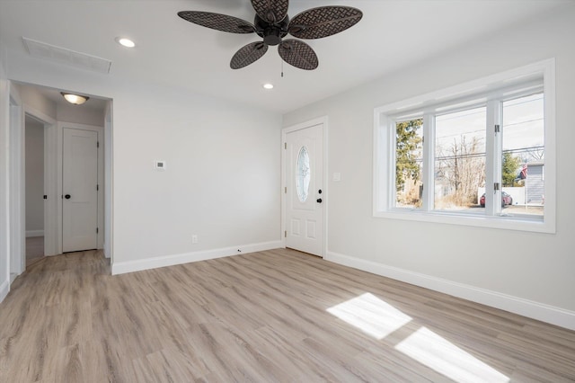 entrance foyer with light wood-style flooring, baseboards, a ceiling fan, and recessed lighting