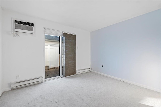 unfurnished bedroom featuring baseboard heating, carpet flooring, a wall mounted AC, and baseboards