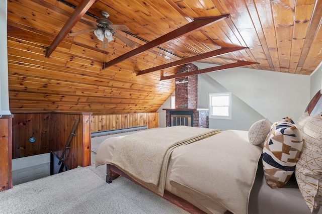 bedroom featuring wooden ceiling, vaulted ceiling with beams, and wooden walls