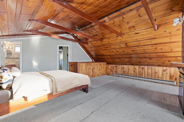 unfurnished bedroom with vaulted ceiling with beams, wooden walls, wood ceiling, baseboard heating, and wainscoting