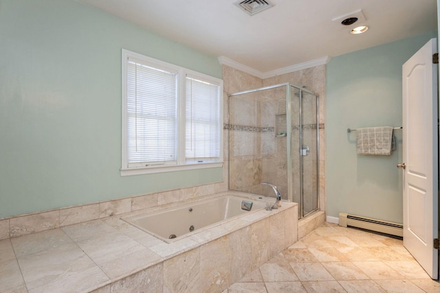 bathroom with visible vents, a baseboard heating unit, a tub with jets, and a shower stall