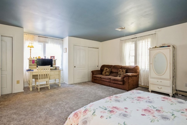 bedroom featuring carpet floors, multiple windows, visible vents, and a closet