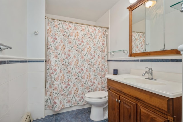 full bathroom with toilet, vanity, tile walls, and a shower with curtain