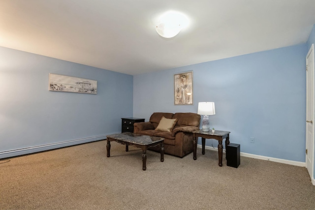 living area with carpet floors, a baseboard radiator, and baseboards