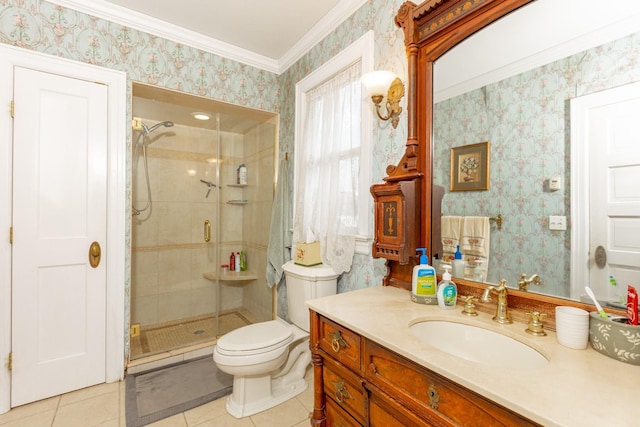 bathroom featuring crown molding, a stall shower, toilet, and wallpapered walls