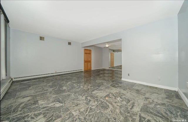 unfurnished room with a ceiling fan, visible vents, a baseboard heating unit, and baseboards