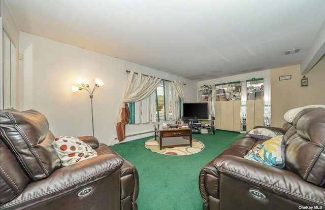 carpeted living area featuring a baseboard radiator and visible vents