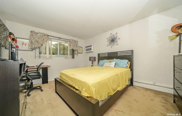 bedroom featuring a baseboard radiator, a wall mounted air conditioner, and light colored carpet