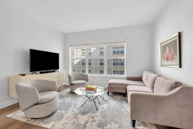 living area featuring baseboards and wood finished floors