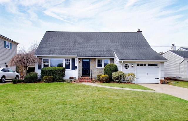 view of front of house with driveway, a garage, stone siding, roof with shingles, and a front lawn