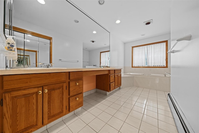 97 Ludlam Rd, Monroe, NY 10950 - bathroom with baseboard heating, double vanity, a bath, tile patterned flooring, and recessed lighting