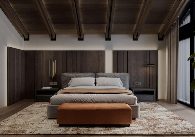 bedroom with beamed ceiling and wooden ceiling