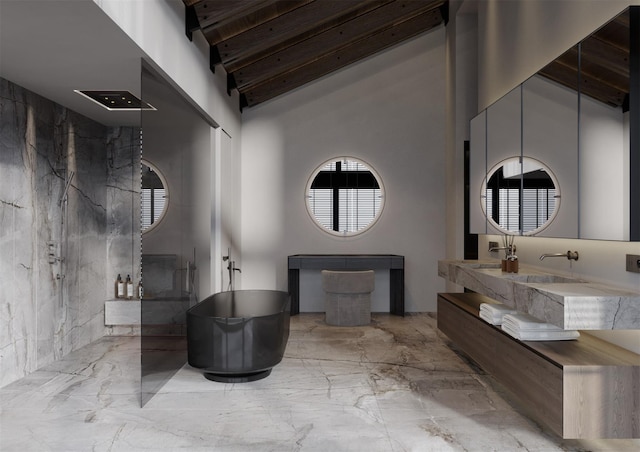 full bathroom featuring a soaking tub, a towering ceiling, a marble finish shower, and marble finish floor