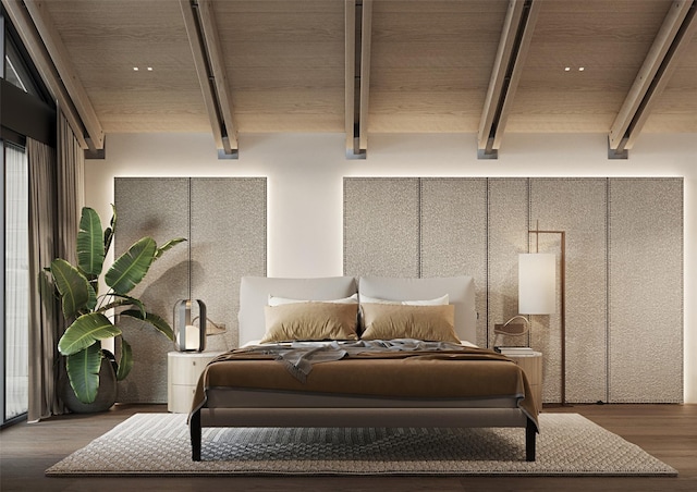 bedroom with wooden ceiling, wood finished floors, and beam ceiling