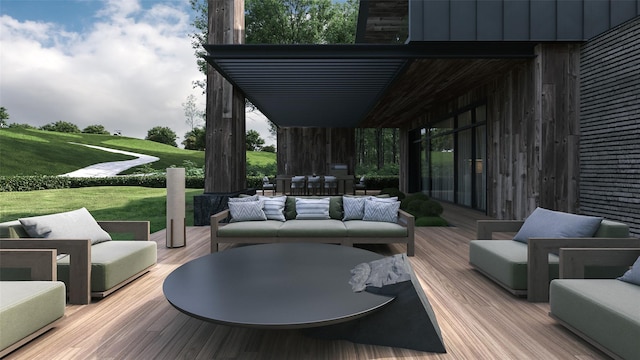 wooden terrace featuring a lawn and outdoor lounge area