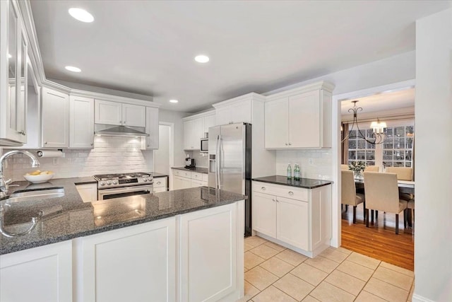 kitchen featuring stainless steel appliances, a sink, white cabinets, and under cabinet range hood