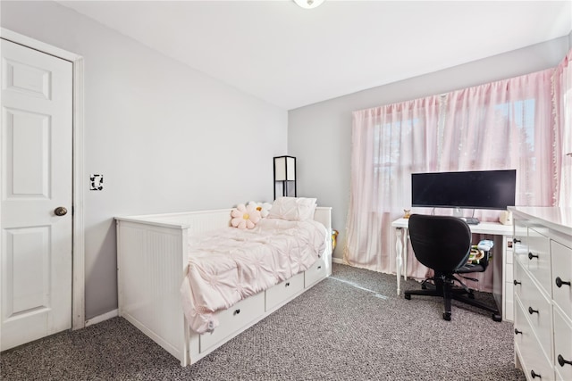 bedroom featuring dark colored carpet