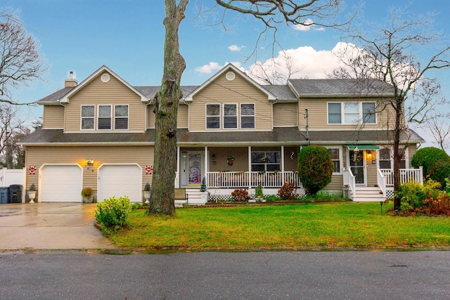 view of front of home with a porch, an attached garage, concrete driveway, a chimney, and a front yard