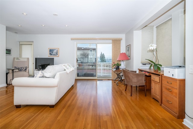 living area with light wood-style floors and recessed lighting