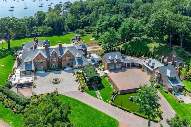 aerial view featuring a water view