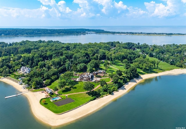 drone / aerial view featuring a water view and a forest view