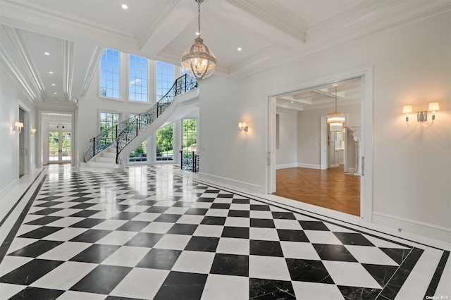 interior space with a notable chandelier, coffered ceiling, french doors, stairway, and beam ceiling