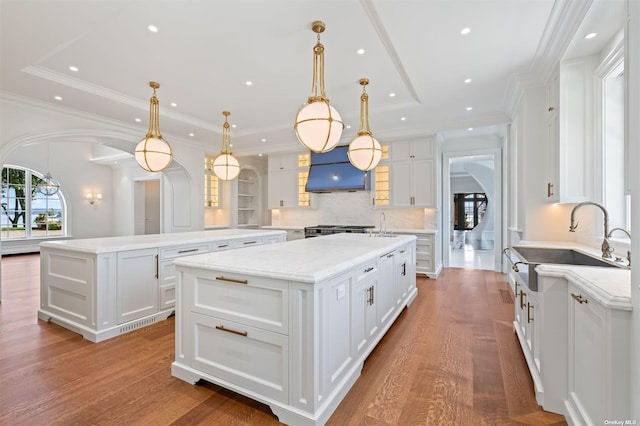 kitchen featuring arched walkways, white cabinets, wood finished floors, a center island, and premium range hood