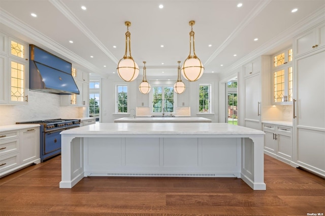 kitchen featuring a spacious island, light countertops, high end stove, premium range hood, and white cabinetry