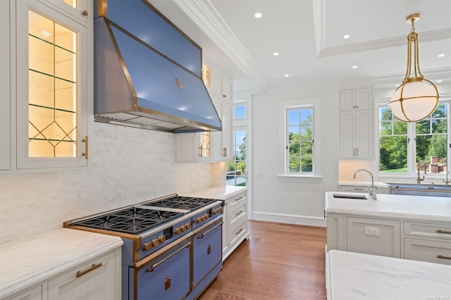 kitchen with white cabinets, range, custom exhaust hood, crown molding, and a sink