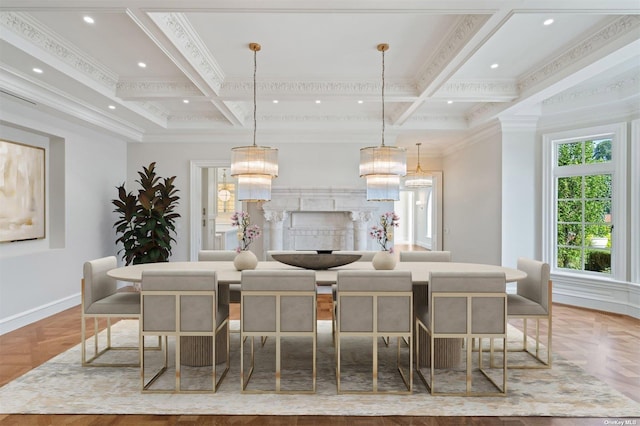 dining space with coffered ceiling, crown molding, beamed ceiling, and baseboards