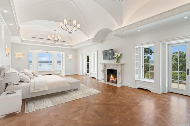 bedroom featuring recessed lighting, a notable chandelier, a fireplace, baseboards, and access to outside