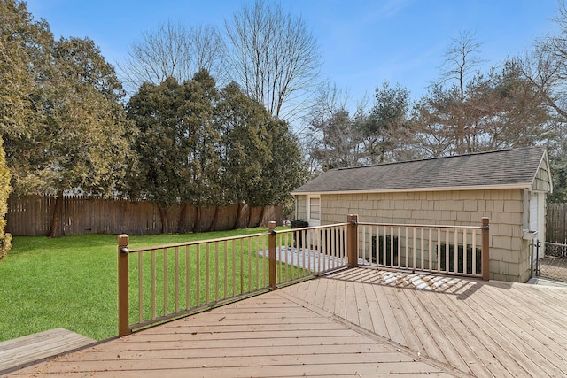 wooden deck with a fenced backyard and a yard