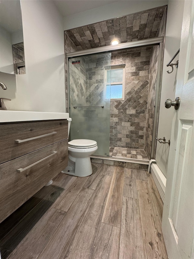 full bathroom featuring a shower stall, toilet, vanity, and wood finished floors